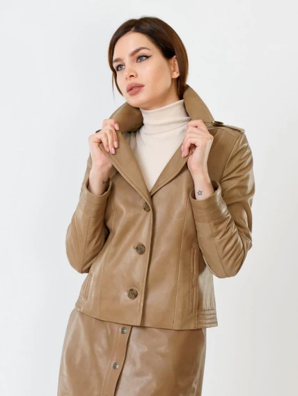 Короткий кожаный пиджак премиум класса для женщин 304, серо-коричневый, размер 44, артикул 23630-6