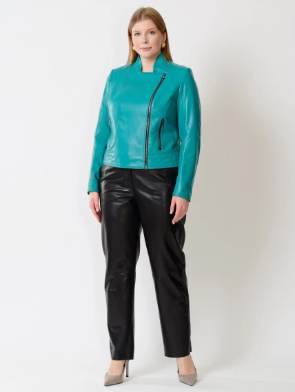 Кожаный комплект женский: Куртка 300 + Брюки 04, бирюзовый/черный, размер 44, артикул 111181-1