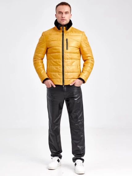 Зимний короткий кожаный пуховик для мужчин 40132, желтый, размер 48 , артикул 23110-5