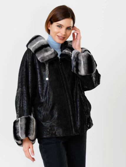 Замшевая утепленная женская куртка с мехом "рекса" 397ш, черная, размер 48, артикул 91090-6