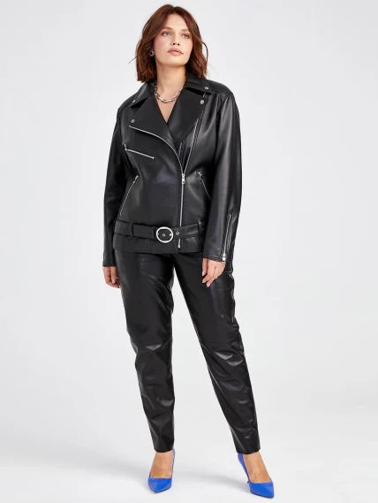Кожаная женская куртка косуха с поясом 3013, черная, размер 48, артикул 91561-3