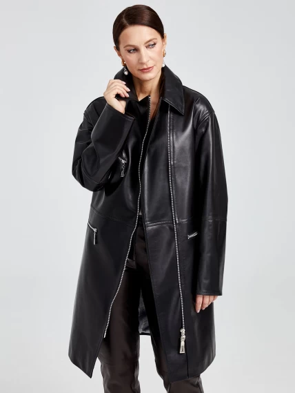 Кожаное женское пальто косуха оверсайз премиум класса 3015, черное, размер 50, артикул 25630-2
