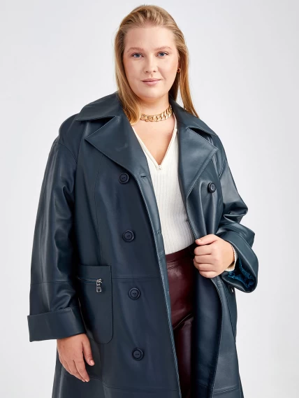 Кожаное двубортное женское пальто премиум класса 3012, синее, размер 56, артикул 25670-6