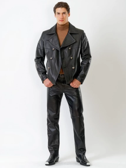 Кожаный комплект мужской: Куртка Клуб + Брюки 01, черный, размер 48, артикул 140210-0