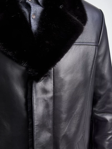 Мужское зимнее кожаное пальто с норковым воротником премиум класса 533мех, черное, размер 50, артикул 71060-4