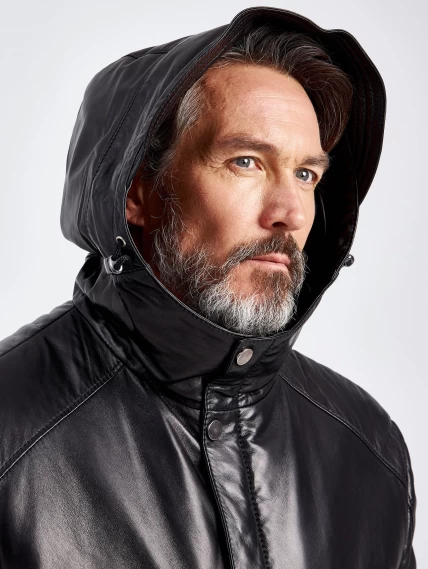 Утепленная мужская кожаная куртка с капюшоном 513, черная, размер 56, артикул 29100-4