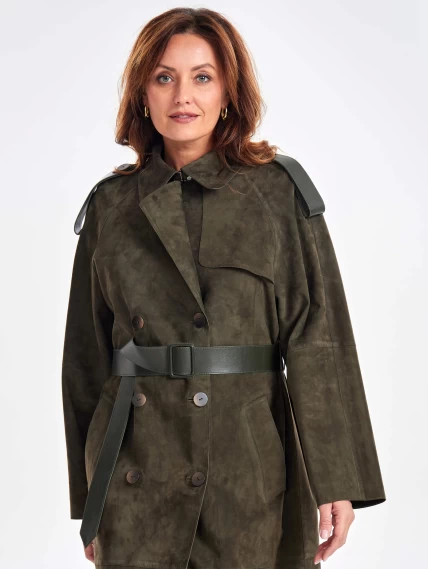 Замшевое двубортное женское пальто френч премиум класса 3070з, хаки, размер 44, артикул 63380-4