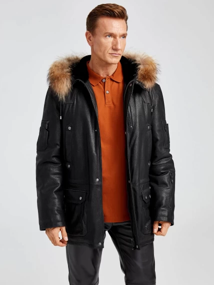 Утепленная мужская кожаная куртка аляска с мехом енота Алекс, черная DS, размер 52, артикул 40380-1