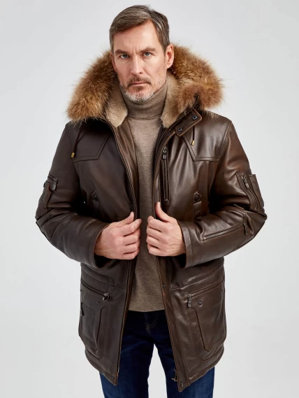 Утепленная мужская кожаная куртка аляска с мехом енота Алекс, светло-коричневая, размер 44, артикул 40450-3