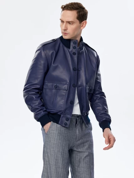 Мужская кожаная куртка бомбер премиум класса Роми, синяя, размер 50, артикул 29720-4