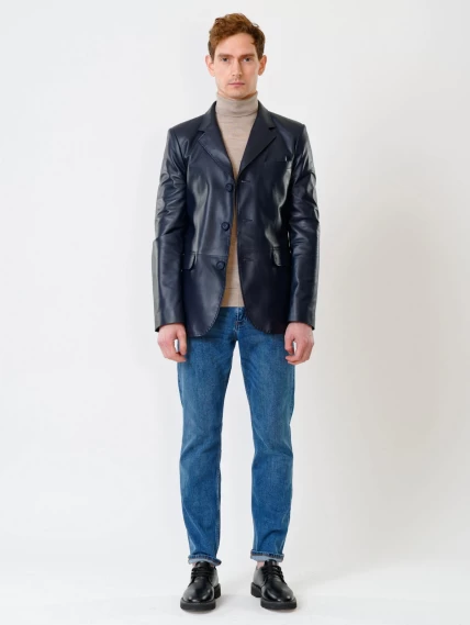 Мужской кожаный пиджак на ручном стежке премиум класса 543, синий, размер 48, артикул 28441-3