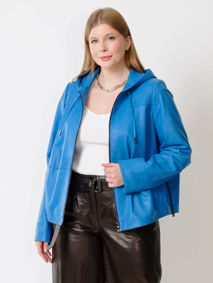 Кожаный комплект женский: Куртка 308рс + Брюки 05, голубой/черный, размер 46, артикул 111156-2