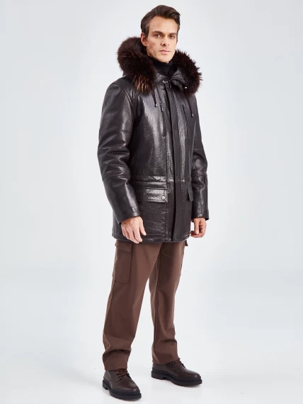Утепленная кожаная куртка аляска с мехом енота для мужчин 556, коричневый, размер 50, артикул 41090-4