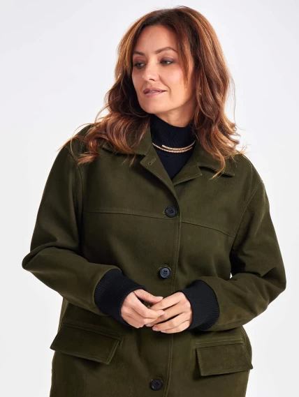 Удлиненная женская кожаная куртка бомбер премиум класса 3065, хаки, размер 44, артикул 23790-3