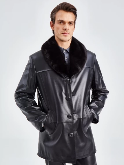Мужская зимняя кожаная куртка с норковым воротником премиум класса 534мех, черная, размер 50, артикул 40280-6