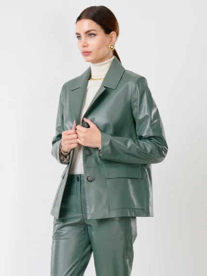 Кожаный костюм женский: Пиджак 3007 + Брюки 03, оливковый, размер 46, артикул 111136-3