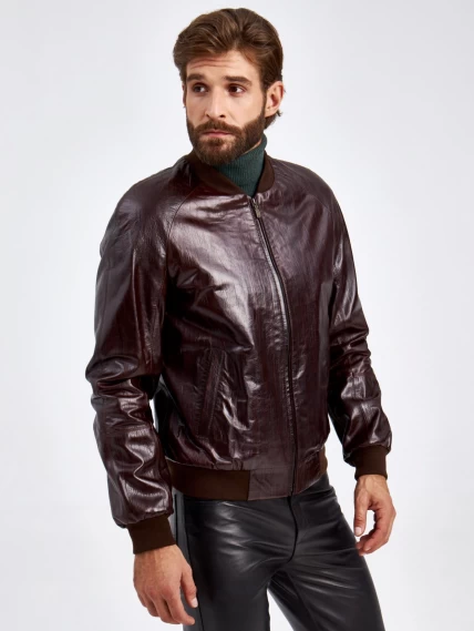 Короткая мужская кожаная куртка бомбер 535, коричневая, размер 50, артикул 29220-0