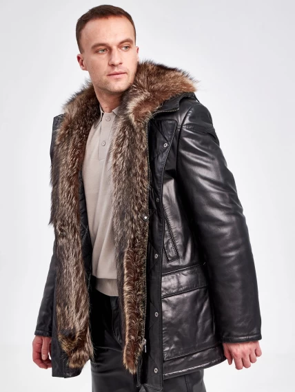 Кожаная утепленная куртка аляска с капюшоном и мехом енота для мужчин 5471, черная, размер 48, артикул 40980-3