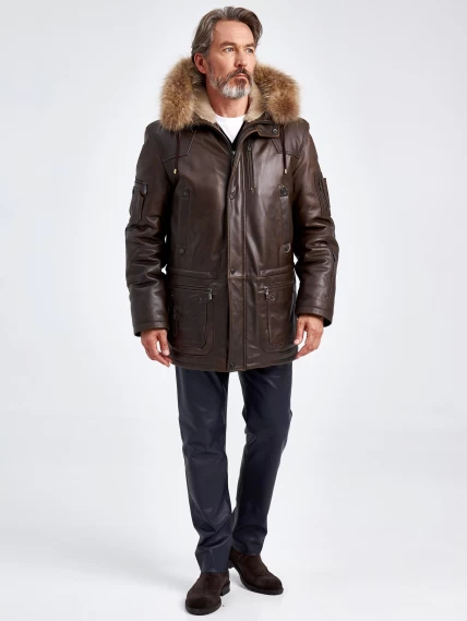 Утепленная мужская кожаная куртка аляска с мехом енота Алекс, темно-коричневая, размер 48, артикул 40721-5