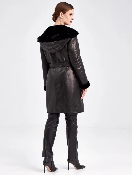 Кожаный плащ зимний женский 394мех, с капюшоном, черный, размер 46, артикул 92090-2