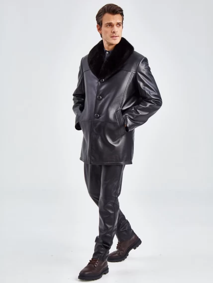 Мужская зимняя кожаная куртка с норковым воротником премиум класса 534мех, черная, размер 50, артикул 40280-5