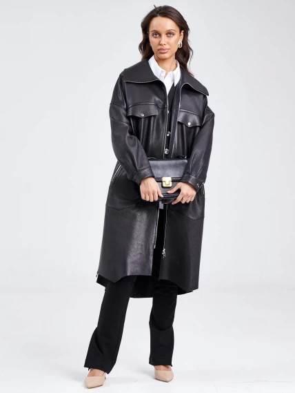Молодежное женское кожаное пальто на молнии премиум класса 3039, черное, размер 52, артикул 63390-4