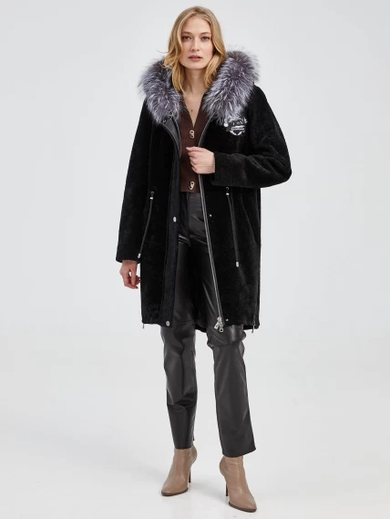 Полупальто из шерсти женское с мехом чернобурки 844sf, черное, размер 46, артикул 25220-3