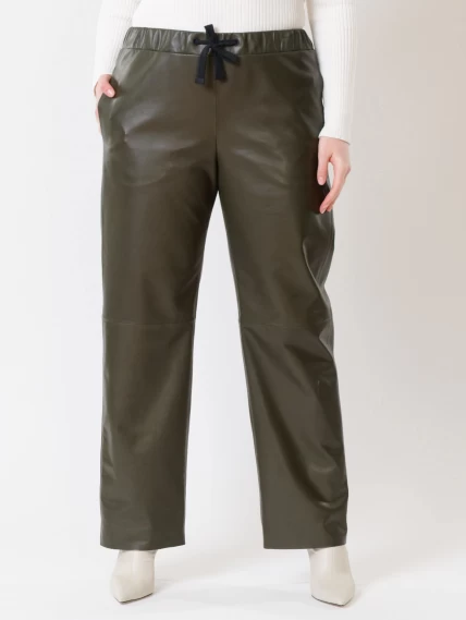 Кожаные широкие женские брюки из натуральной кожи 06, оливковые, размер 48, артикул 85510-2