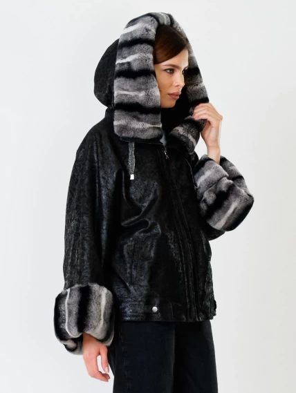 Замшевая утепленная женская куртка с мехом "рекса" 397ш, черная, размер 48, артикул 91090-1