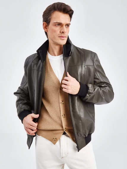 Кожаная куртка бомбер мужская премиум класса 521, оливковая, размер 50, артикул 29030-1