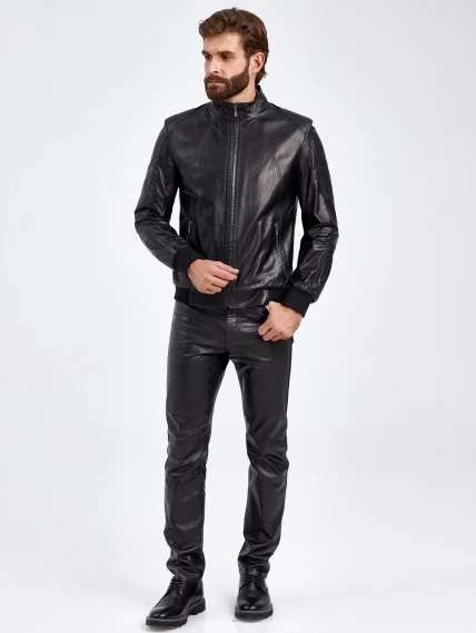 Короткая мужская кожаная куртка бомбер 526, черная, размер 50, артикул 29230-4