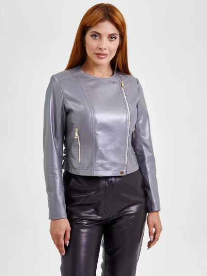 Кожаный комплект женский: Куртка 389 + Брюки 03, серый/черный, размер 42, артикул 111117-4
