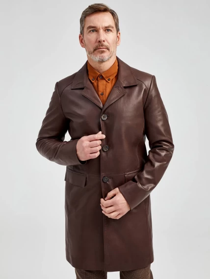 Удлиненный кожаный мужской пиджак премиум класса 539, коричневый, размер 48, артикул 29542-0