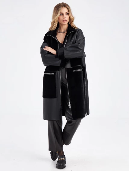 Комбинированное молодежное женское пальто из меховой овчины премиум класса 2044, черное, размер 48, артикул 63970-5