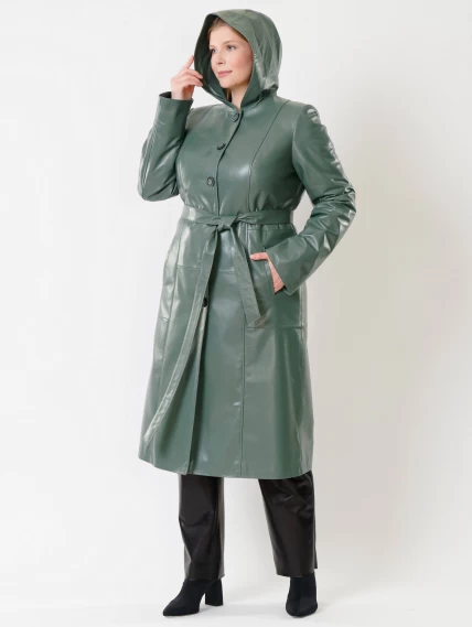 Кожаное женское утепленное пальто с капюшоном премиум класса 380нш, оливковое, размер 48, артикул 25640-2
