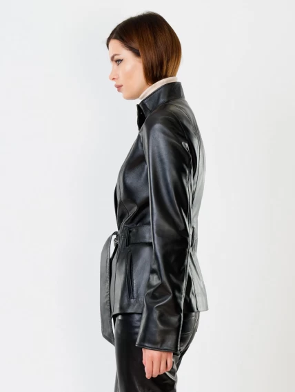 Кожаная женская куртка с поясом 334, черная, размер 40, артикул 91101-6