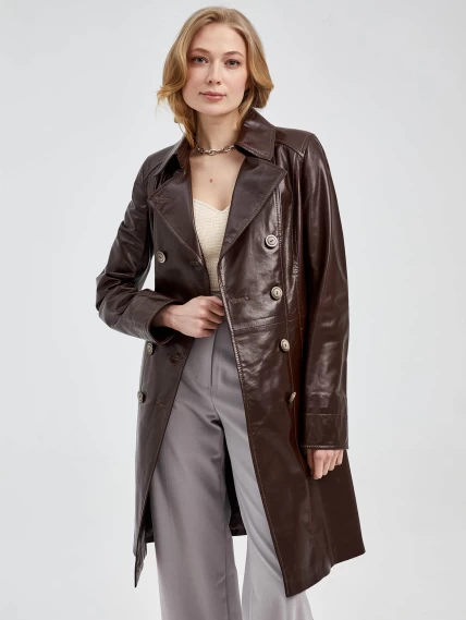 Двубортный кожаный женский френч с поясом 321, коричневый, размер 40, артикул 91660-0