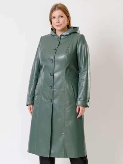 Кожаное женское утепленное пальто с капюшоном премиум класса 380нш, оливковое, размер 48, артикул 25640-0