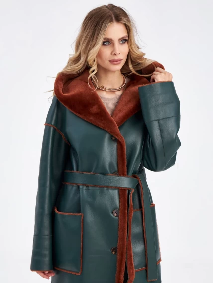 Длинное оверсайз пальто из меховой овчины с капюшоном для женщин премиум класса 2008н, зеленое, размер 42, артикул 63890-5