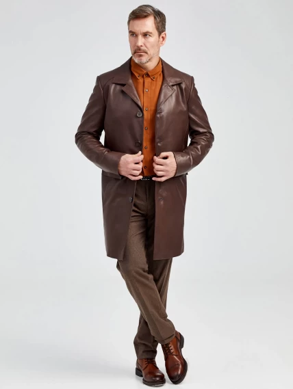 Удлиненный кожаный мужской пиджак премиум класса 539, коричневый, размер 48, артикул 29542-6