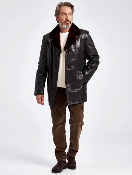 Зимняя мужская кожаная куртка на подкладке из овчины с воротником меха норки премиум класса 5450, коричневая, размер 46, артикул 40640-6