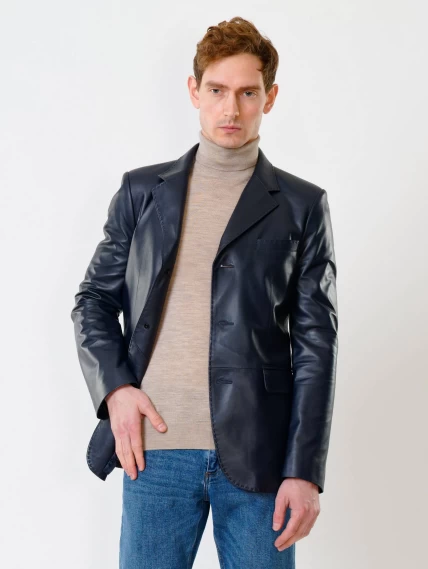 Мужской кожаный пиджак на ручном стежке премиум класса 543, синий, размер 48, артикул 28441-1