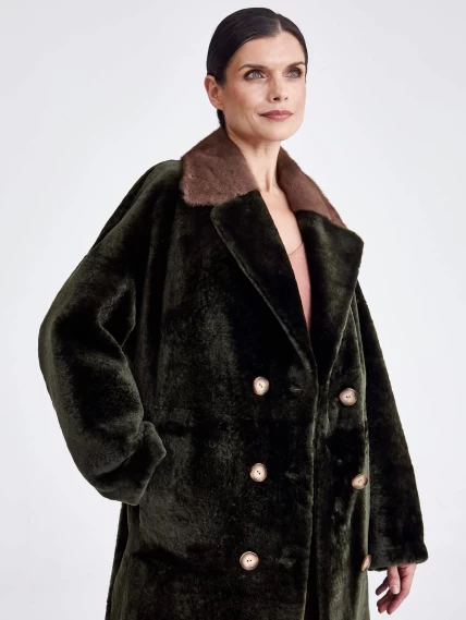 Женское двустороннее пальто из меховой овчины с норковым воротником премиум класса 2017, хаки, размер 44, артикул 13760-2