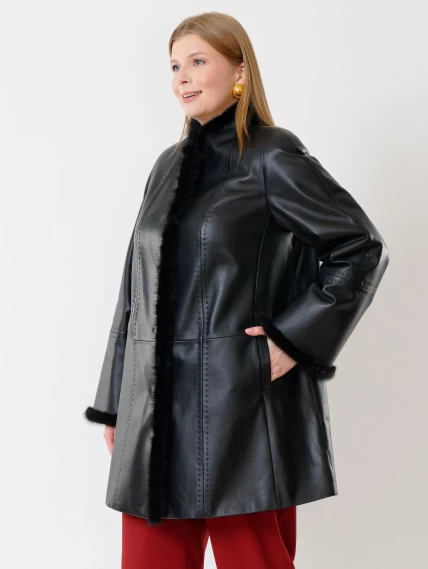 Утепленный женский кожаный плащ с норкой 312рс, черный, размер 58, артикул 23710-6