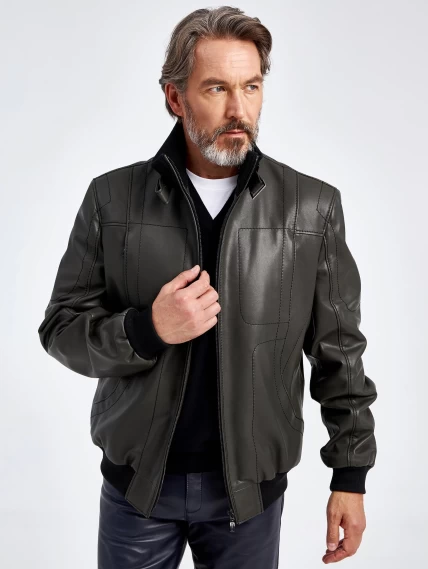 Кожаная куртка бомбер мужская премиум класса 521, оливковая, размер 50, артикул 29061-3