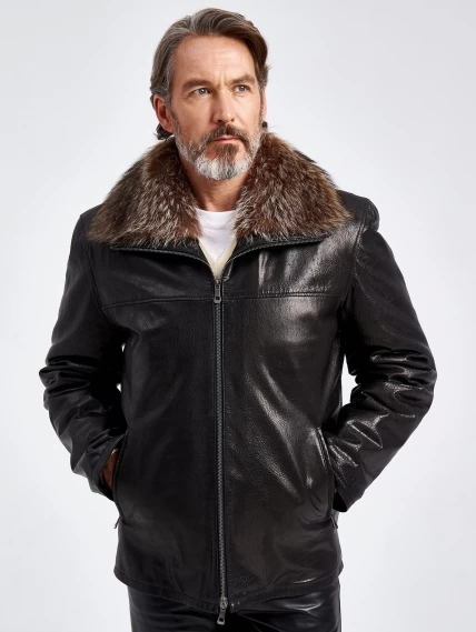 Зимняя мужская кожаная куртка на подкладке из овчины с мехом енота 5319, черная, размер 48, артикул 40680-0