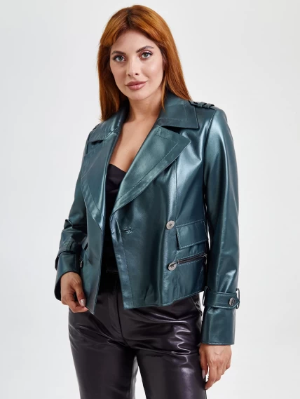 Двубортный кожаный женский пиджак 3014, зеленый, размер 48, артикул 91731-5