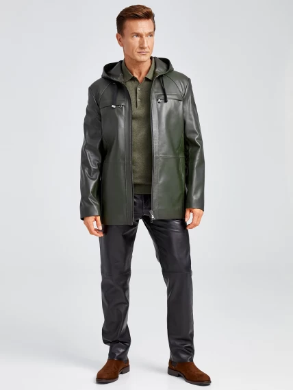Удлиненная мужская кожаная куртка с капюшоном премиум класса 552, оливковая, размер 48, артикул 28892-5