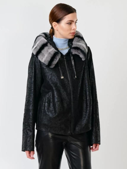 Короткая замшевая утепленная женская куртка с мехом "рекса" 308ш, черная, размер 46, артикул 90722-5
