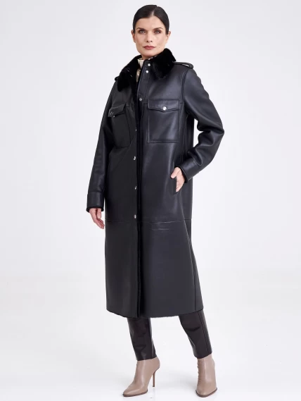Женское пальто рубашка с воротником из меха норки премиум класса 2016, черная, размер 44, артикул 63620-0